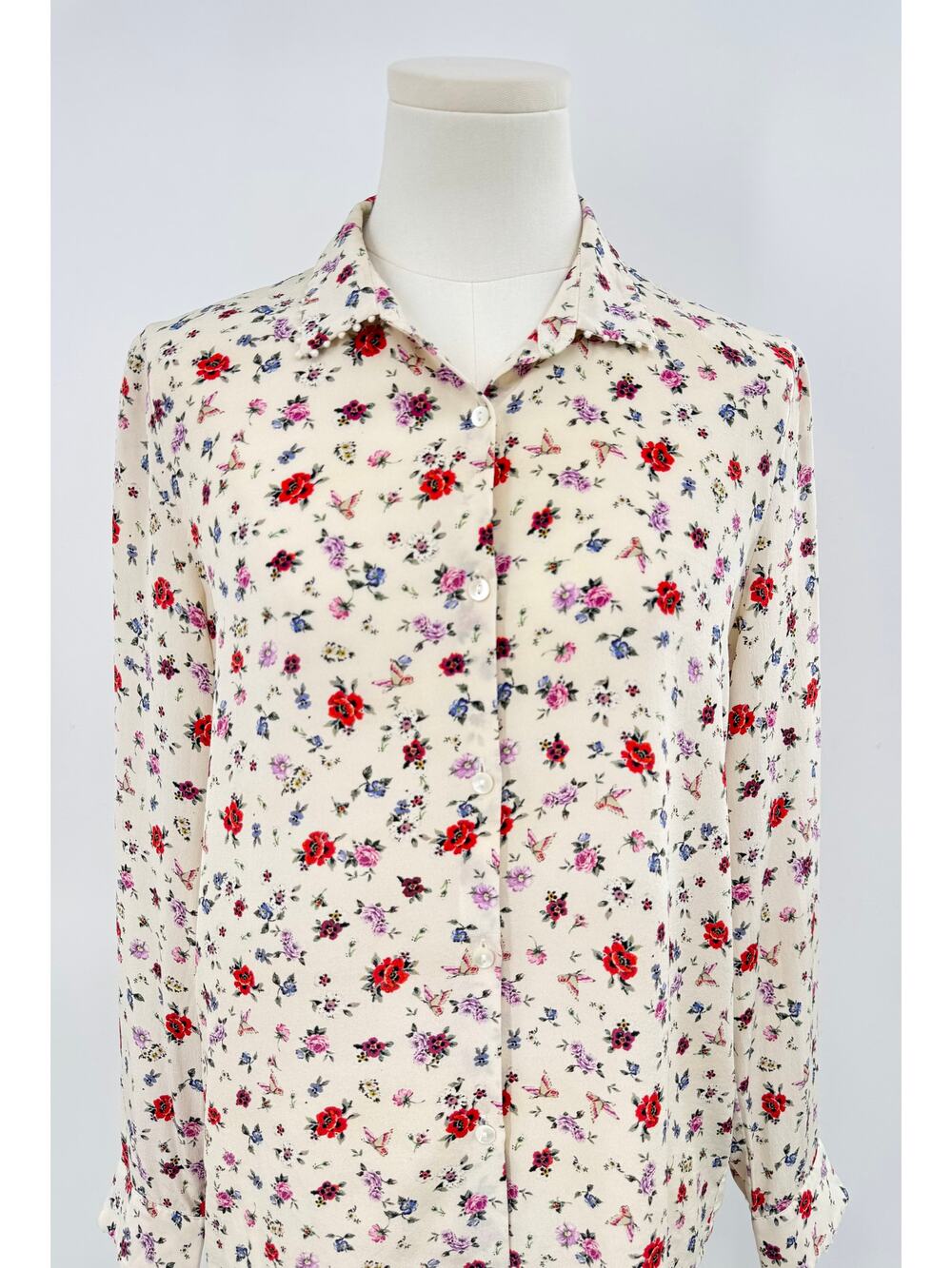 The Kooples Ivory Floral Silk Shirt Button Up Long Sleeve Blouse Top S